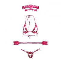 B163 - Bra Set Bralette Halter Open Cup Magenta Celana Dalam Crotchless Penutup Mata Tali Ikat Tangan
