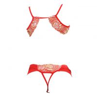 B219 - Bra Set Bralette Merah Transparan Celana Dalam Crotchless Topeng Wajah - 2