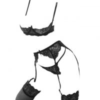 B306 - Bra Set Underwire Kawat Open Cup Hitam Transparan Celana Dalam Garter Belt Stocking