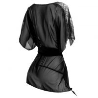 L1116 - Baju Tidur Lingerie Robe Kimono Dress Hitam Transparan Lengan Pendek Ikat Pinggang - 2