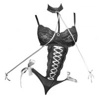 L1138 - Baju Tidur Lingerie Teddy Bodysuit Dress Hitam Transparan Bra Kawat Crotchless Kalung Choker Tali Pita