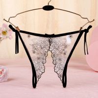 P565 - Celana Dalam Panties Thong Hitam Transparan Bunga Putih Crotchless Ikat Samping - 2