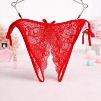 P582 - Celana Dalam Panties Thong Merah Transparan Crotchless Ikat Samping - 2