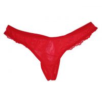 GP072 - Celana Dalam G-String Pria Merah Transparan Renda Lubang Depan - 2