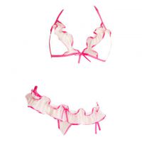 B355 - Bra Set Bralette Halter Open Cup Putih Tali Magenta Celana Dalam Crotchless