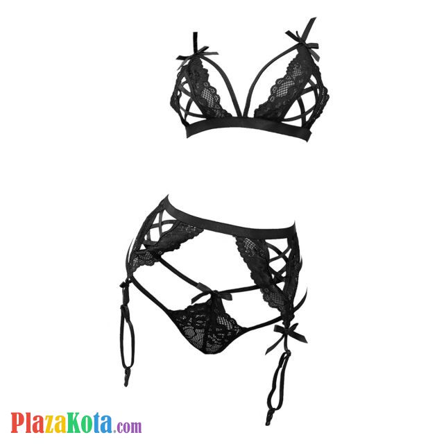 B370 - Bra Set Bralette Open Cup Hitam Celana Dalam Garter Belt Stocking