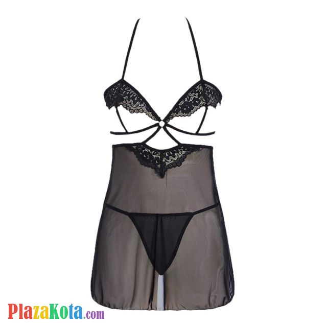 L1307 - Baju Tidur Lingerie Babydoll Mini Dress Halter Open Cup Hitam Transparan