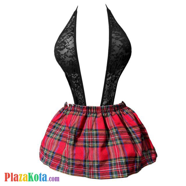 L1308 - Lingerie Costume Cosplay Student Pelajar Seragam Sekolah Halter Hitam Transparan Rok Mini Merah