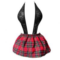 L1308 - Lingerie Costume Cosplay Student Pelajar Seragam Sekolah Halter Hitam Transparan Rok Mini Merah
