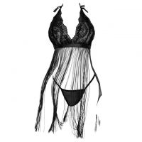L1314 - Baju Tidur Lingerie Babydoll Mini Dress Halter Hitam Transparan Rumbai