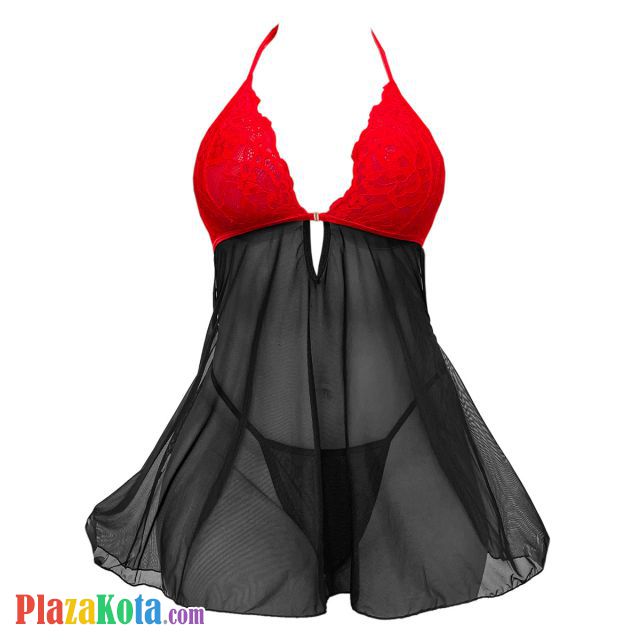 L1316 - Baju Tidur Lingerie Babydoll Mini Dress Halter Hitam Transparan Kombinasi Merah