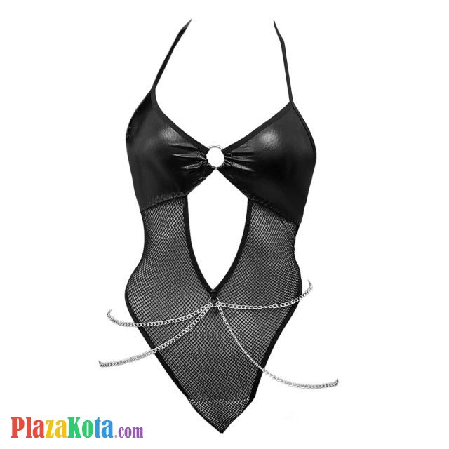 L1322 - Baju Tidur Lingerie Teddy Bodysuit Dress Halter Hitam Jaring Rantai Silver