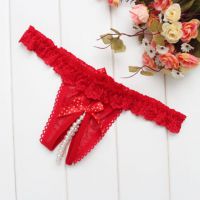 GS373 - Celana Dalam G-String Mutiara Crotchless Merah Karet Renda