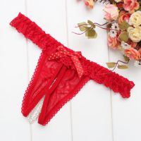 GS373 - Celana Dalam G-String Mutiara Crotchless Merah Karet Renda - 2