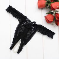GS374 - Celana Dalam G-String Mutiara Crotchless Hitam Karet Renda - 2