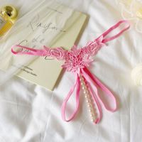 GS377 - Celana Dalam G-String Mutiara Crotchless Pink Brokat Bunga