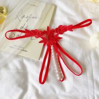 GS378 - Celana Dalam G-String Mutiara Crotchless Merah Brokat Bunga