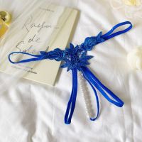 GS379 - Celana Dalam G-String Mutiara Crotchless Biru Brokat Bunga