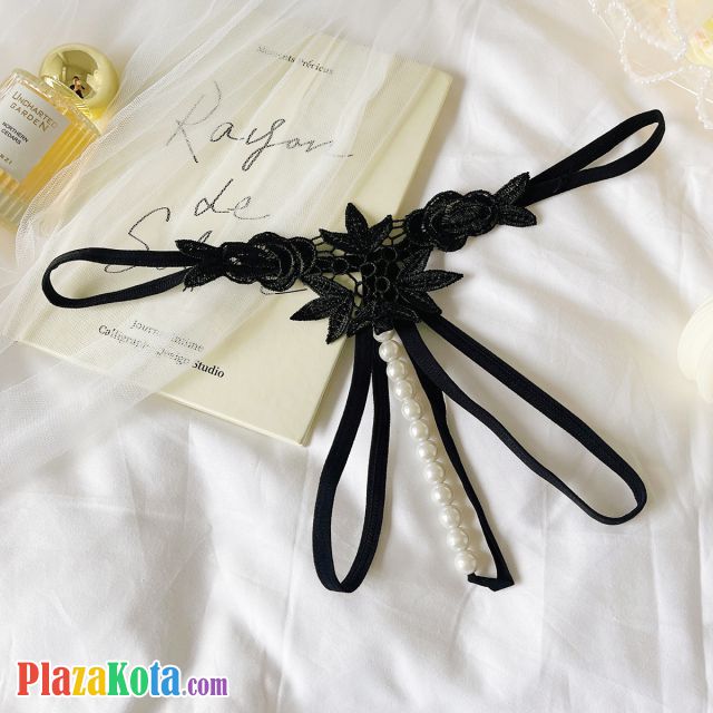 GS380 - Celana Dalam G-String Mutiara Crotchless Hitam Brokat Bunga