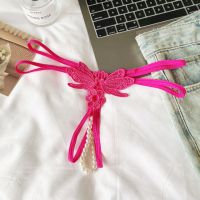 GS381 - Celana Dalam G-String Mutiara Crotchless Magenta Brokat Kupu-Kupu Tali 2