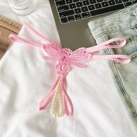 GS383 - Celana Dalam G-String Mutiara Crotchless Pink Brokat Kupu-Kupu Tali 2