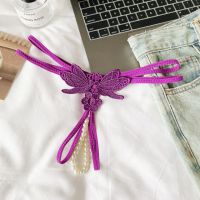 GS384 - Celana Dalam G-String Mutiara Crotchless Ungu Brokat Kupu-Kupu Tali 2