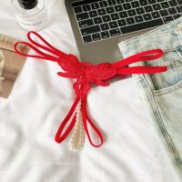 GS385 - Celana Dalam G-String Mutiara Crotchless Merah Brokat Kupu-Kupu Tali 2