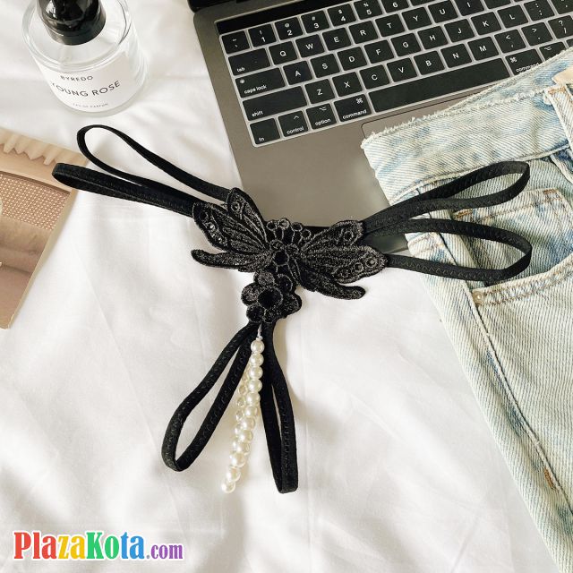 GS386 - Celana Dalam G-String Mutiara Crotchless Hitam Brokat Kupu-Kupu Tali 2