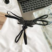 GS386 - Celana Dalam G-String Mutiara Crotchless Hitam Brokat Kupu-Kupu Tali 2