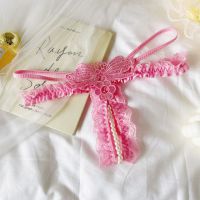 GS389 - Celana Dalam G-String Mutiara Crotchless Pink Brokat Kupu-Kupu Karet Renda Tali 2