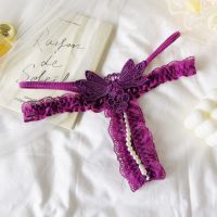 GS390 - Celana Dalam G-String Mutiara Crotchless Ungu Brokat Kupu-Kupu Karet Renda Tali 2