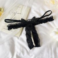 GS392 - Celana Dalam G-String Mutiara Crotchless Hitam Brokat Kupu-Kupu Karet Renda Tali 2