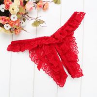 GS396 - Celana Dalam G-String Wanita Crotchless Merah Karet Renda - 2