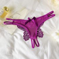 P654 - Celana Dalam Panties Thong Ungu Crotchless Brokat Kupu-Kupu Tali 2