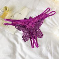 P654 - Celana Dalam Panties Thong Ungu Crotchless Brokat Kupu-Kupu Tali 2 - 2