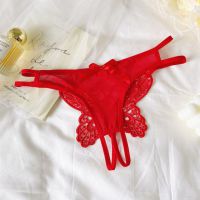 P655 - Celana Dalam Panties Thong Merah Crotchless Brokat Kupu-Kupu Tali 2