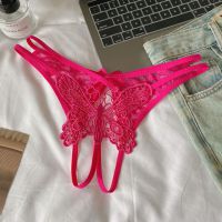 P663 - Celana Dalam Panties Thong Crotchless Magenta Brokat Kupu-Kupu Tali 2