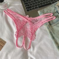 P665 - Celana Dalam Panties Thong Crotchless Pink Brokat Kupu-Kupu Tali 2