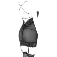 L0295 - Baju Tidur Lingerie Bodycon Sheath Dress Tali Silang Hitam Rumbai Garter Strap Stocking - 2