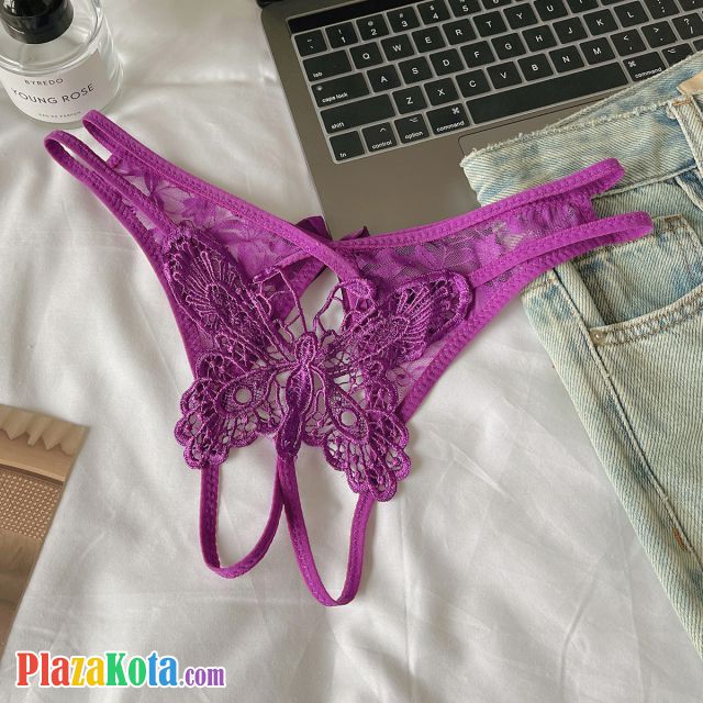 P666 - Celana Dalam Panties Thong Crotchless Ungu Brokat Kupu-Kupu Tali 2