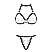 B375 - Bra Set Bralette Halter Hitam Open Cup Celana Dalam Crotchless Rantai Silver