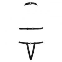 B375 - Bra Set Bralette Halter Hitam Open Cup Celana Dalam Crotchless Rantai Silver - 2