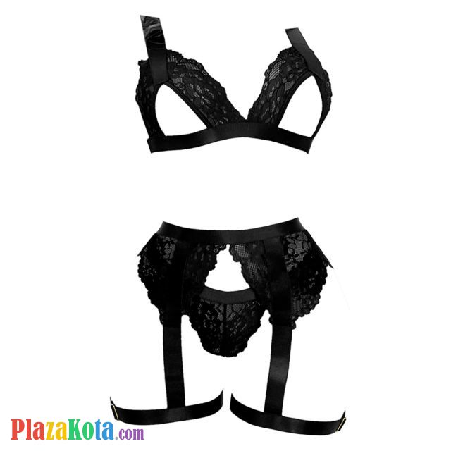 B376 - Bra Set Bralette Hitam Open Cup Celana Dalam Garter Belt Paha