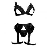 B376 - Bra Set Bralette Hitam Open Cup Celana Dalam Garter Belt Paha