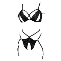 B377 - Bra Set Bralette Hitam Open Cup Celana Dalam Crotchless Garter Stocking