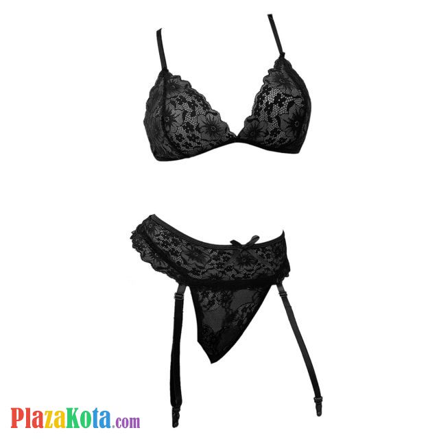 B378 - Bra Set Bralette Hitam Celana Dalam Garter Belt Stocking