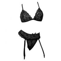B378 - Bra Set Bralette Hitam Celana Dalam Garter Belt Stocking