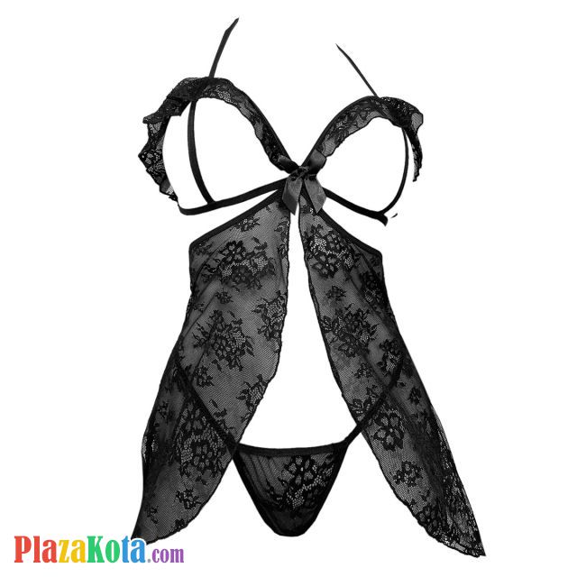 L1335 - Baju Tidur Lingerie Babydoll Mini Dress Halter Hitam Transparan Open Cup Belah Depan