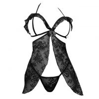 L1335 - Baju Tidur Lingerie Babydoll Mini Dress Halter Hitam Transparan Open Cup Belah Depan